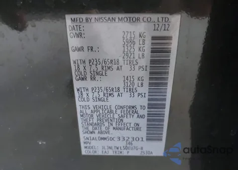 2013 Infiniti Jx35 z USA, uszkodzony, nr VIN 5N1AL0MM5DC332301